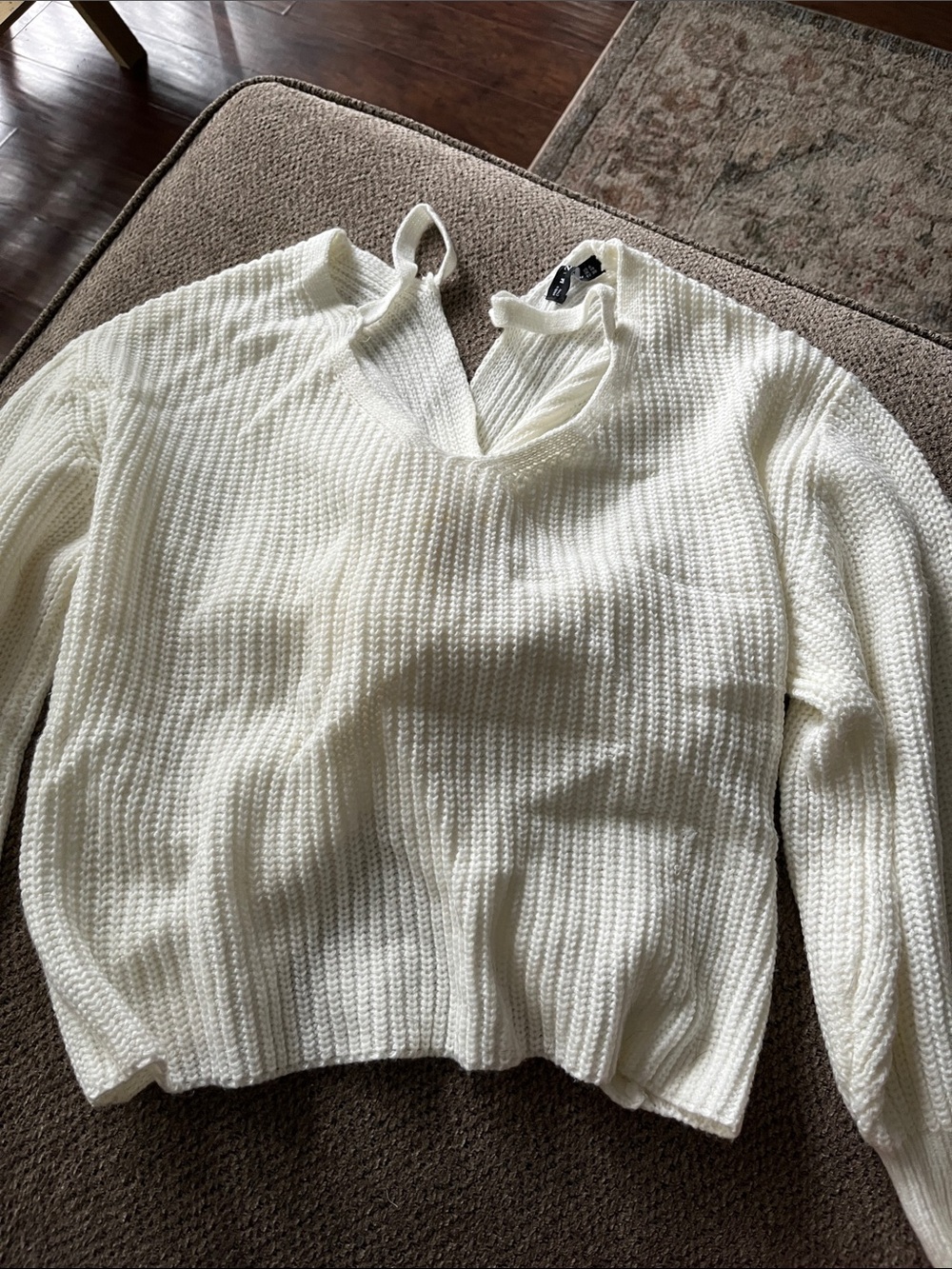 Zaful Cream V-Neck Textured Knit Sweater